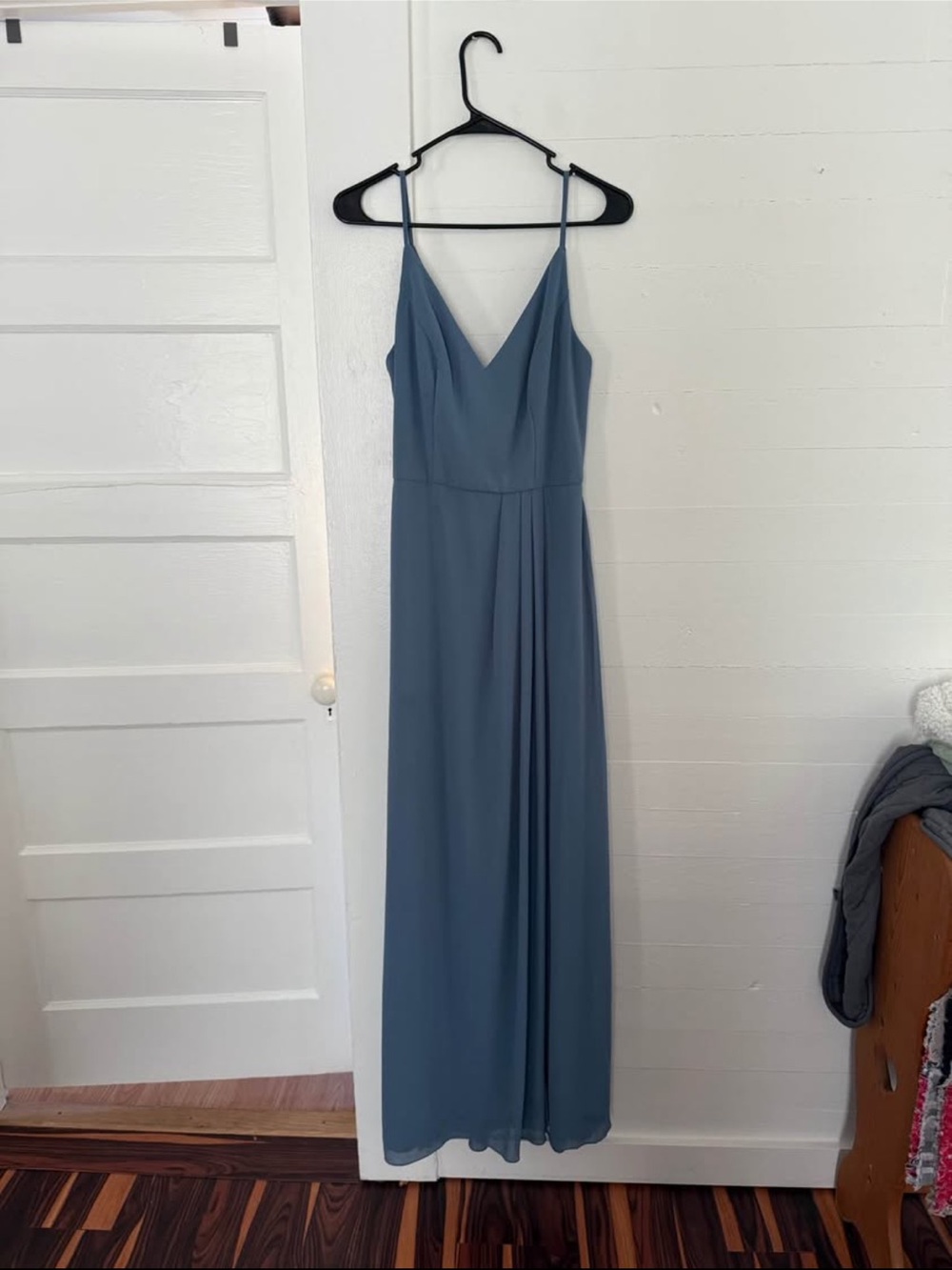 David's Bridal Slate-Blue Spaghetti Strap V-Neck Gown